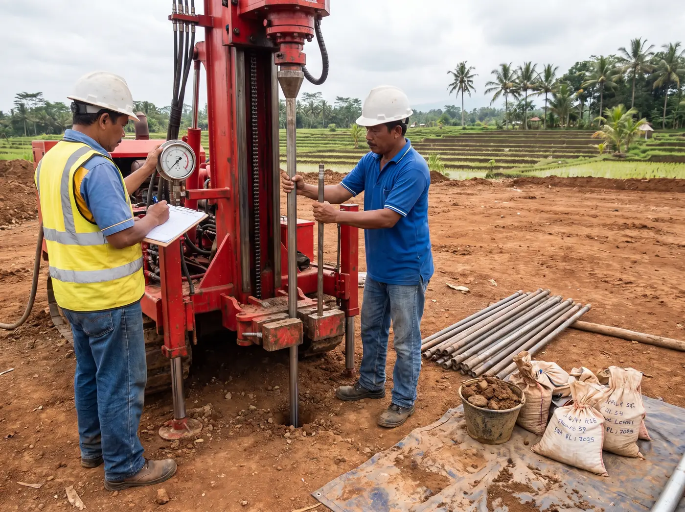 Crew operating a sondir rig pushing a cone penetrometer into volcanic soil on a Bali building plot