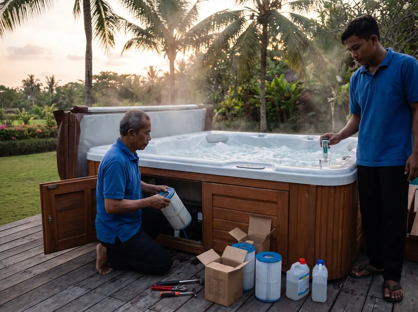 Technician testing spa water and servicing the pump of a hot tub at a Bali villa