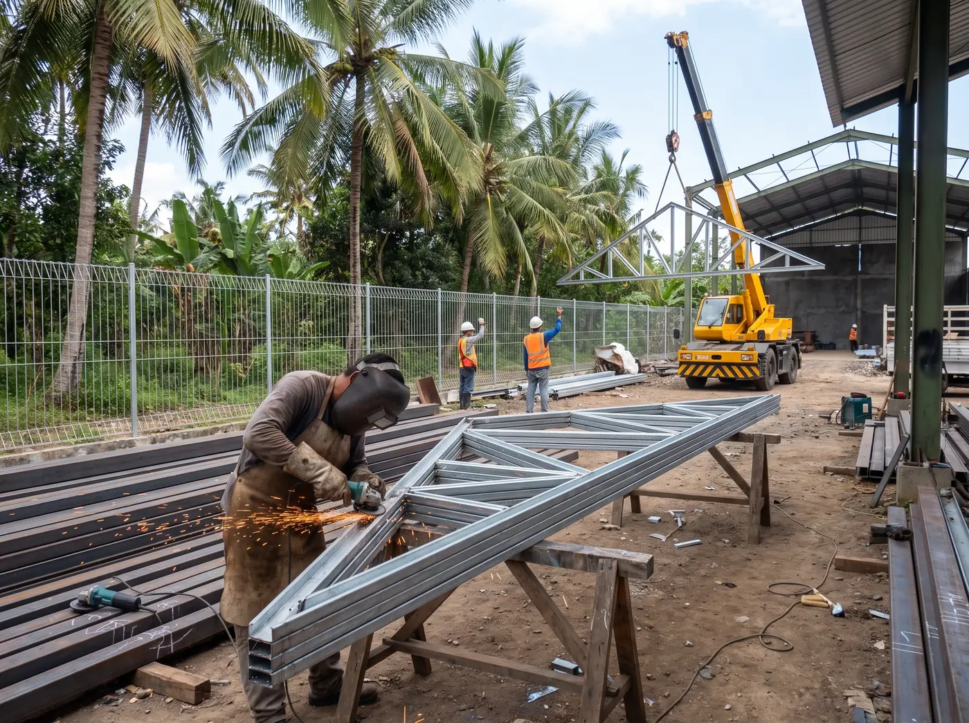 Welder fabricating a steel roof truss in a workshop while a site crew bolts galvanised sections into place in Bali