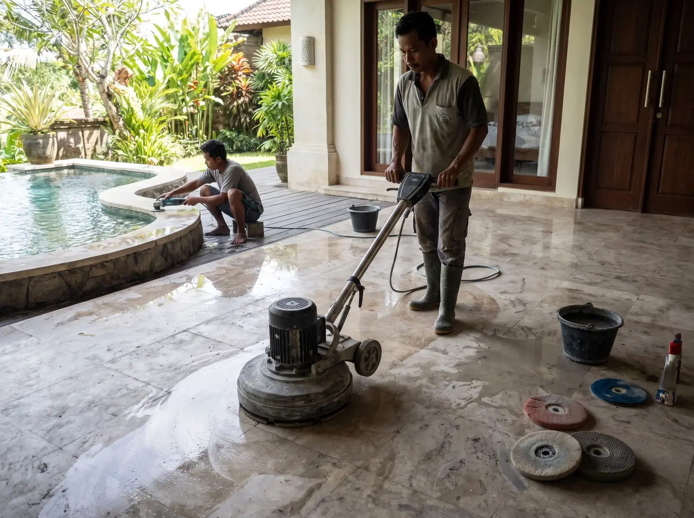 Stone restoration technician running a planetary grinder over a marble floor in a Bali villa
