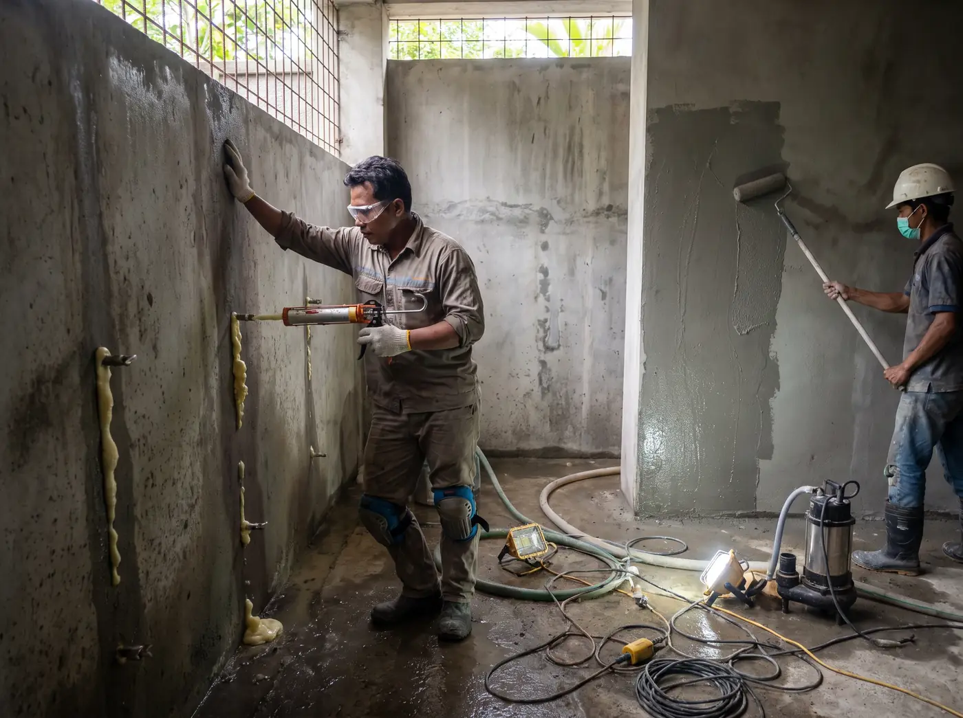 Waterproofing crew brushing crystalline slurry onto a basement retaining wall in Bali