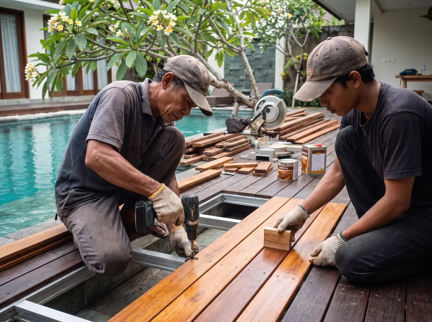 Carpenters laying bengkirai deck boards onto a ventilated timber frame beside a Bali pool
