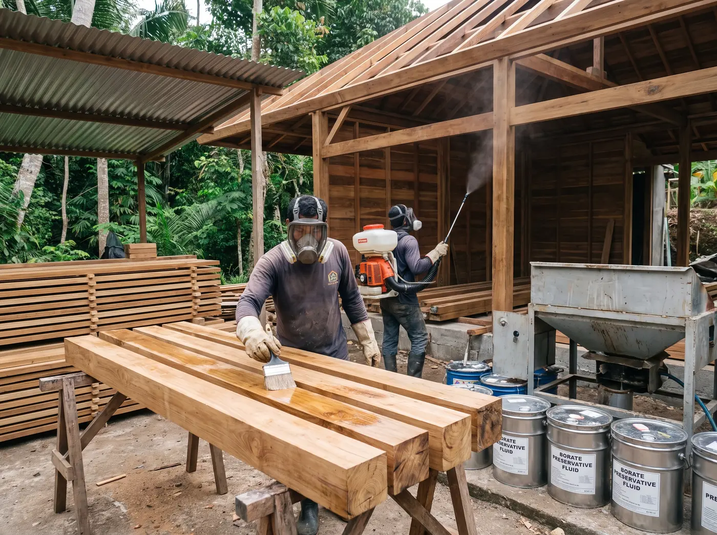 Carpenter brush-treating structural timber beams with borate solution on a Bali building site