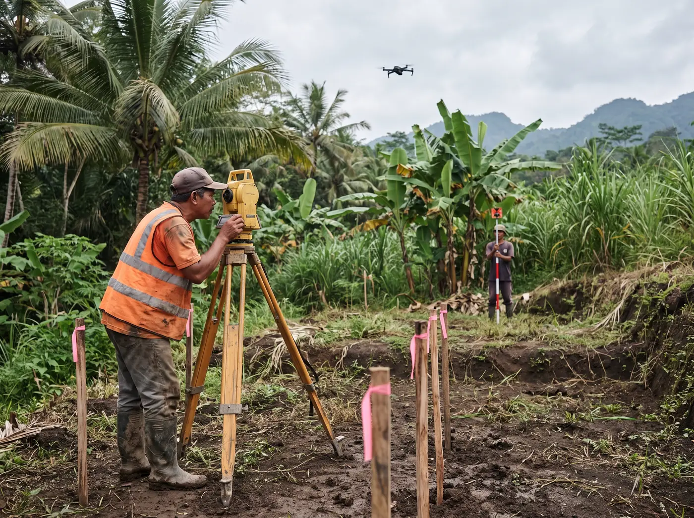 Surveyor operating a total station on a sloped land plot in Bali while a drone maps the site
