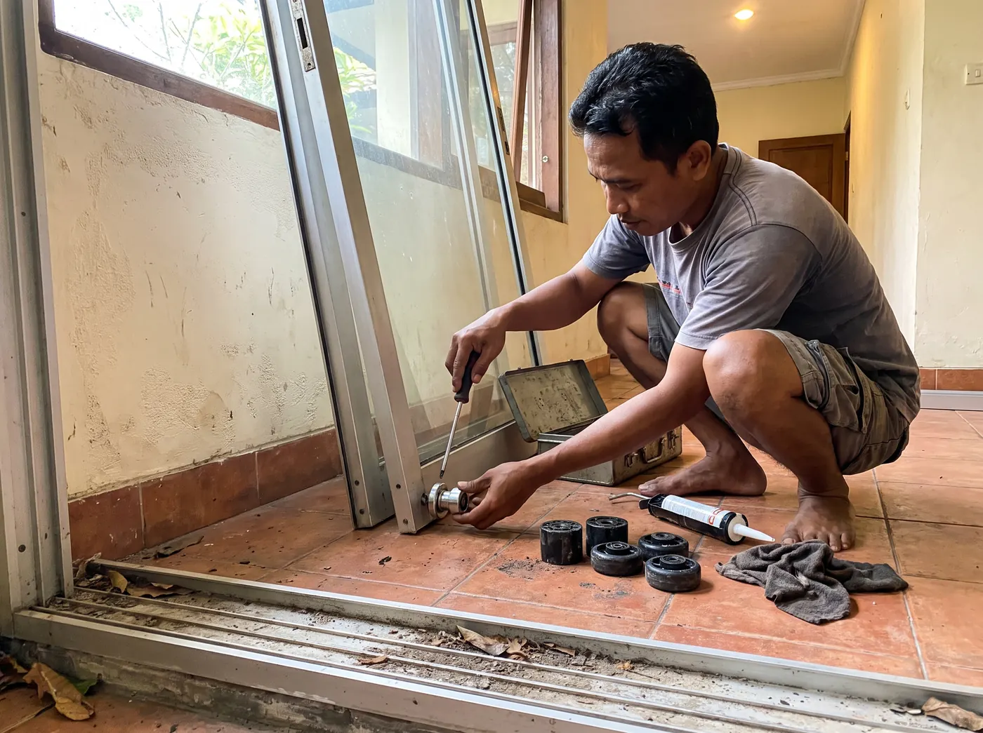 Technician fitting new stainless steel rollers to an aluminium sliding door panel lifted off its track in a villa in Sanur, Bali
